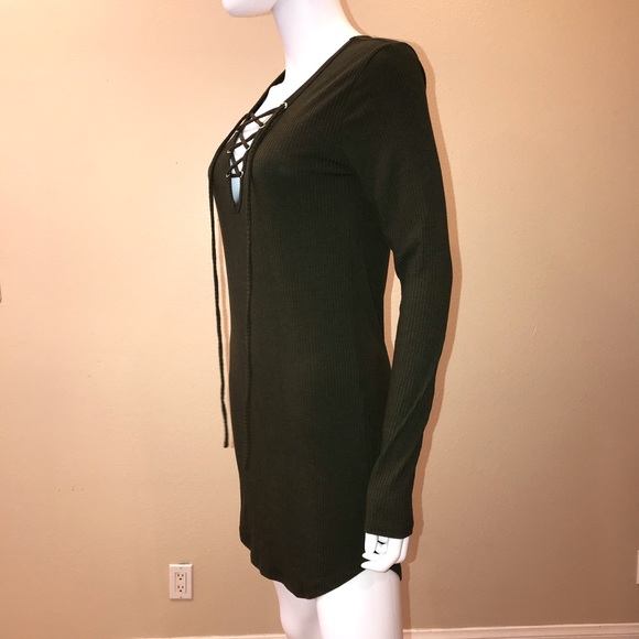 Forever 21 Olive Green Ribbed Mini Dress Lace Up Size Large - Picture 10 of 14